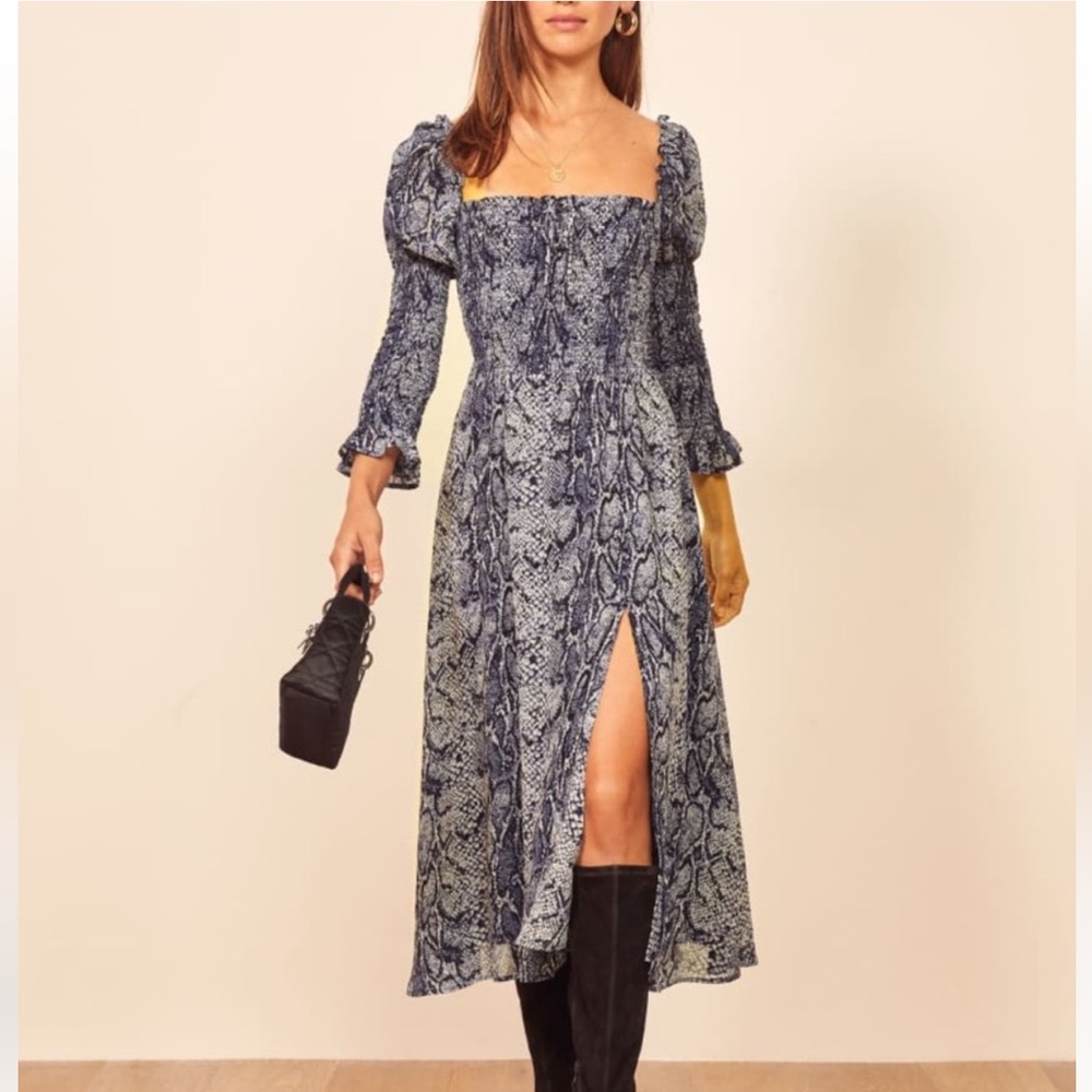 Reformation Rosamund Snake Print Smocked Midi Dress